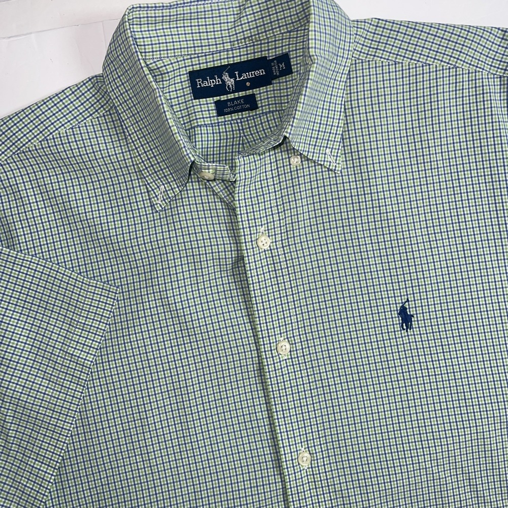 Ralph Lauren Blake Shirt Check Green Blue Short Sleeve Mens Size Medium